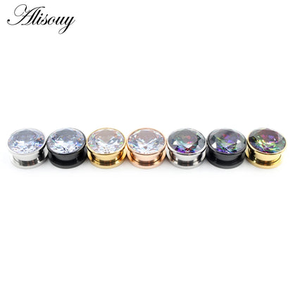 Alisouy 2pcs Stainless Steel Zirconia Crystal Screw Ear Tunnels Plugs Expander Stretcher Gauges Earrings Body Piercing Jewelry
