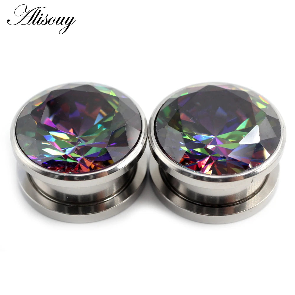 Alisouy 2pcs Stainless Steel Zirconia Crystal Screw Ear Tunnels Plugs Expander Stretcher Gauges Earrings Body Piercing Jewelry