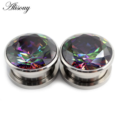 Alisouy 2pcs Stainless Steel Zirconia Crystal Screw Ear Tunnels Plugs Expander Stretcher Gauges Earrings Body Piercing Jewelry
