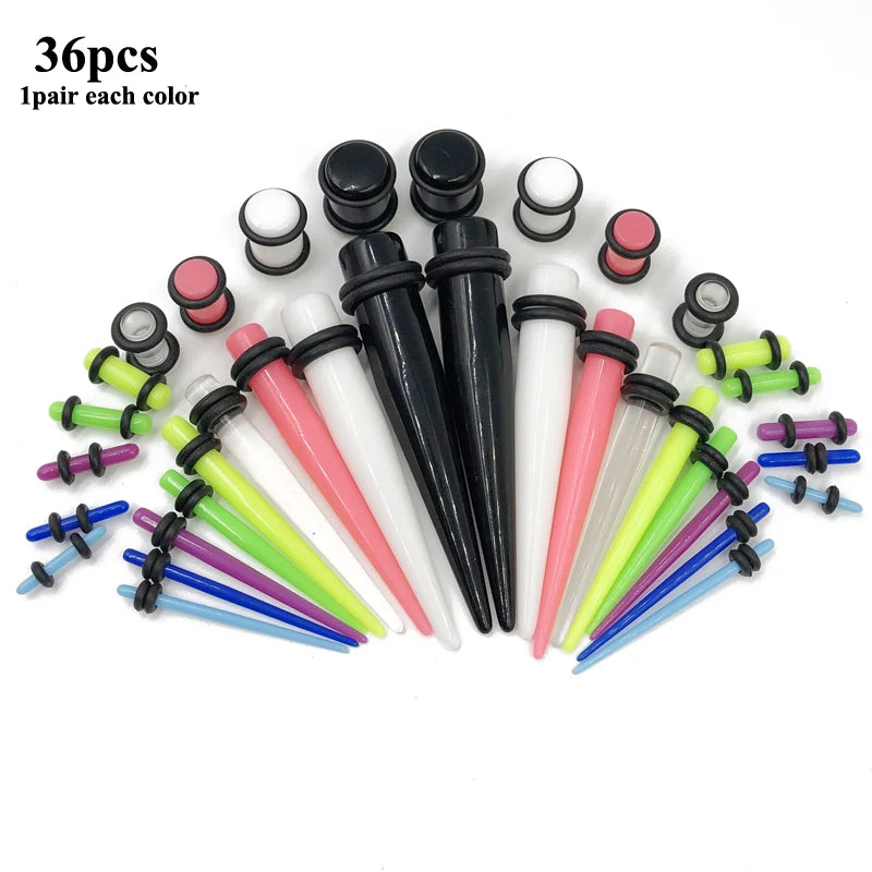 36pcs/lot Acrylic Ear Gauge Taper and Plug Stretching Kits Mixed Color Ear Flesh Tunnel Expansion Body Piercing Jewelry 14G-00G