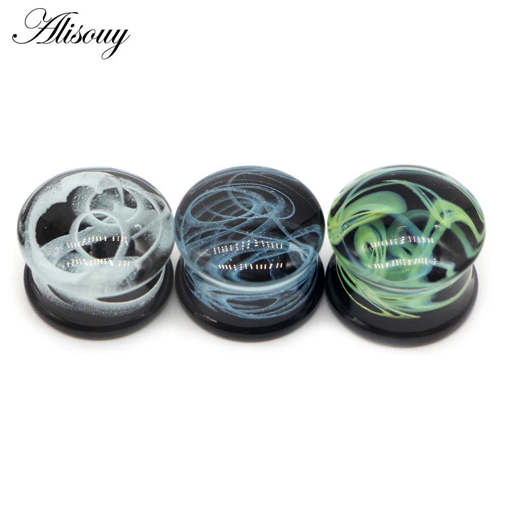Alisouy 2PCS Fashion Round Blue Milky Way Glass Ear Piercing Plugs Strechers Fake Earrrings Romantic Gift For Unisex 6mm to 25mm