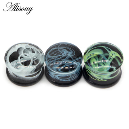 Alisouy 2PCS Fashion Round Blue Milky Way Glass Ear Piercing Plugs Strechers Fake Earrrings Romantic Gift For Unisex 6mm to 25mm