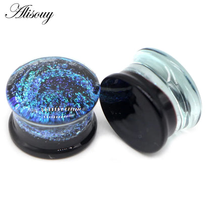 Alisouy 2PCS Fashion Round Blue Milky Way Glass Ear Piercing Plugs Strechers Fake Earrrings Romantic Gift For Unisex 6mm to 25mm