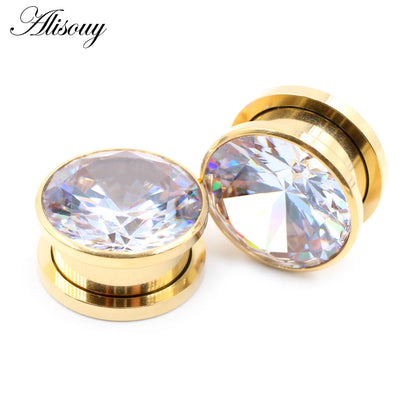 Alisouy 2pcs Stainless Steel Zirconia Crystal Screw Ear Tunnels Plugs Expander Stretcher Gauges Earrings Body Piercing Jewelry