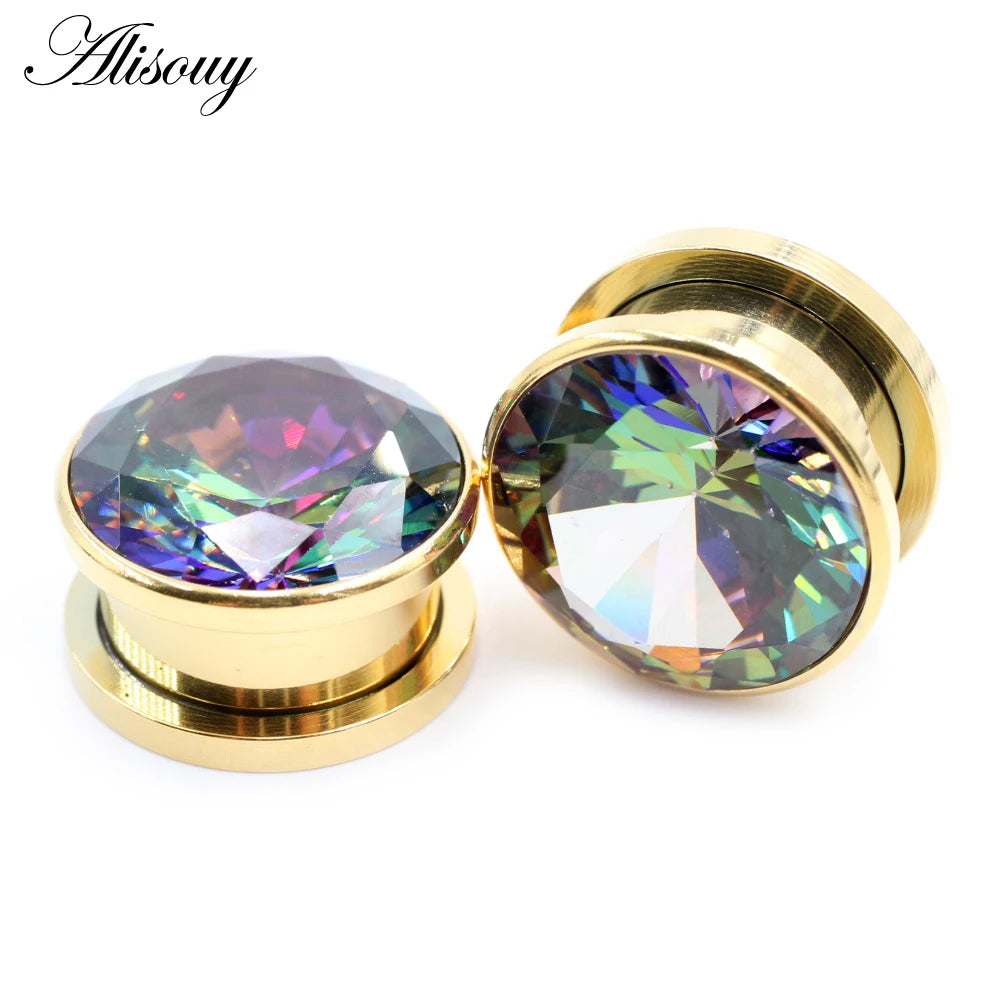 Alisouy 2pcs Stainless Steel Zirconia Crystal Screw Ear Tunnels Plugs Expander Stretcher Gauges Earrings Body Piercing Jewelry