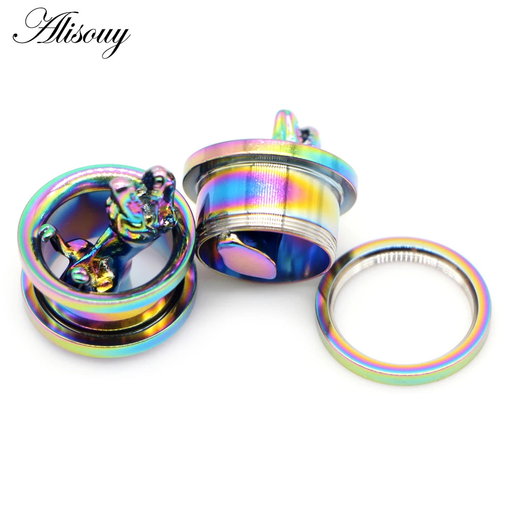 Alisouy 2pcs Piercing Ear Gauges Expander Stainless Steel Dinosaur Earrings Plugs Tunnels Screw Fashion Piercing Body Jewelry