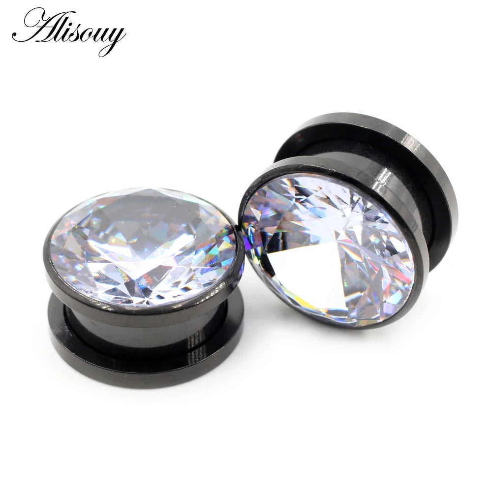 Alisouy 2pcs Stainless Steel Zirconia Crystal Screw Ear Tunnels Plugs Expander Stretcher Gauges Earrings Body Piercing Jewelry
