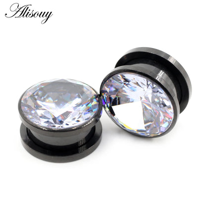 Alisouy 2pcs Stainless Steel Zirconia Crystal Screw Ear Tunnels Plugs Expander Stretcher Gauges Earrings Body Piercing Jewelry