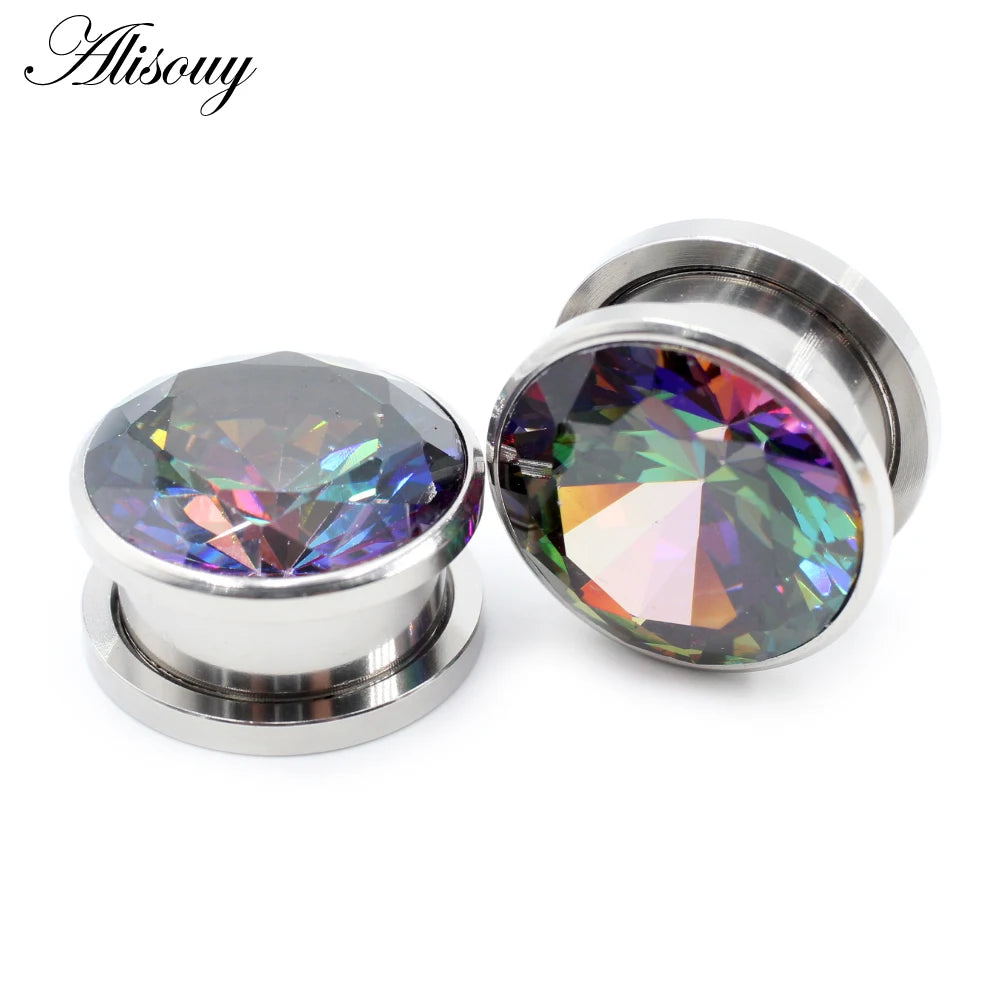 Alisouy 2pcs Stainless Steel Zirconia Crystal Screw Ear Tunnels Plugs Expander Stretcher Gauges Earrings Body Piercing Jewelry