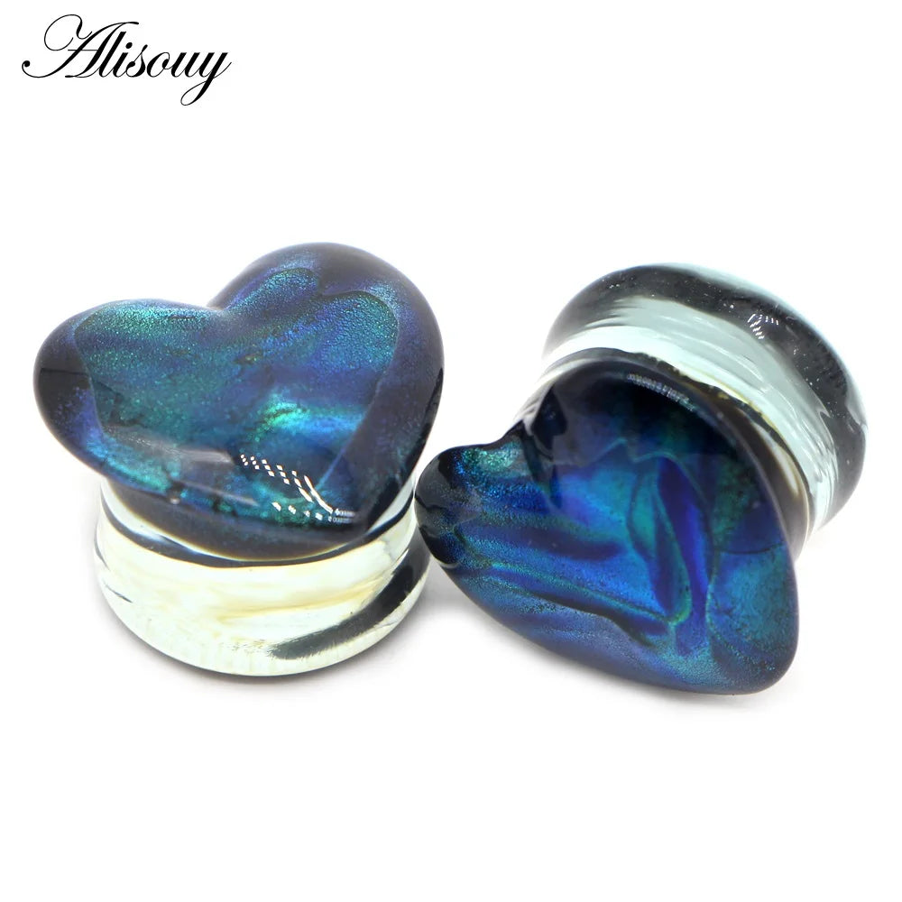 Alisouy 2PCS Fashion Round Blue Milky Way Glass Ear Piercing Plugs Strechers Fake Earrrings Romantic Gift For Unisex 6mm to 25mm