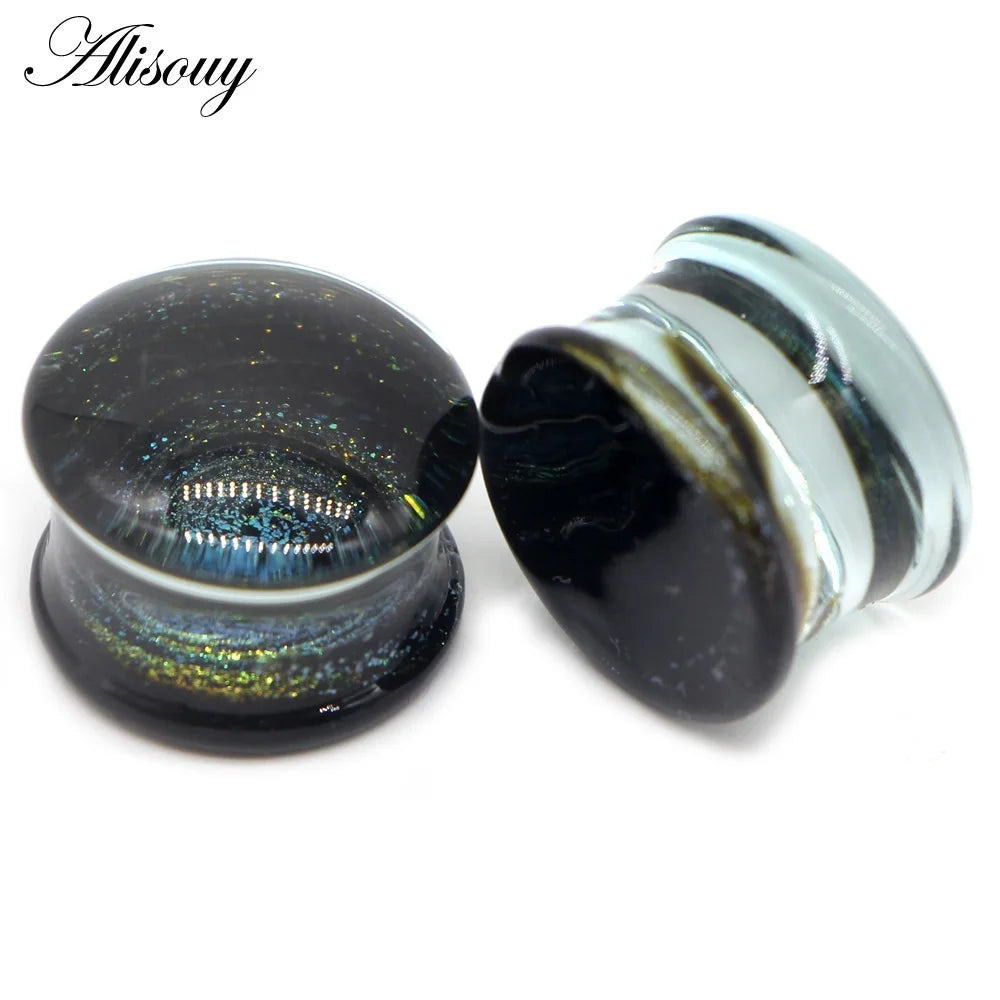 Alisouy 2PCS Fashion Round Blue Milky Way Glass Ear Piercing Plugs Strechers Fake Earrrings Romantic Gift For Unisex 6mm to 25mm