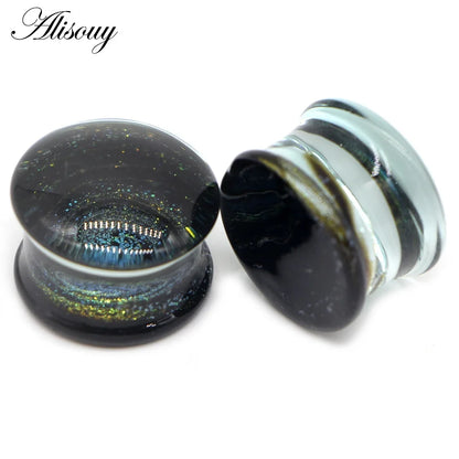 Alisouy 2PCS Fashion Round Blue Milky Way Glass Ear Piercing Plugs Strechers Fake Earrrings Romantic Gift For Unisex 6mm to 25mm