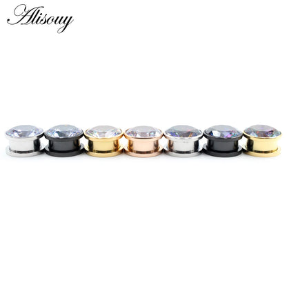 Alisouy 2pcs Stainless Steel Zirconia Crystal Screw Ear Tunnels Plugs Expander Stretcher Gauges Earrings Body Piercing Jewelry