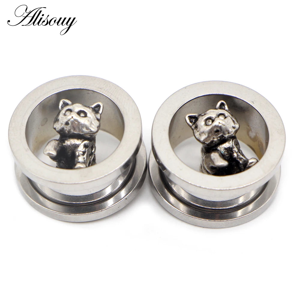 Alisouy 2pcs Piercing Ear Gauges Expander Stainless Steel Dinosaur Earrings Plugs Tunnels Screw Fashion Piercing Body Jewelry