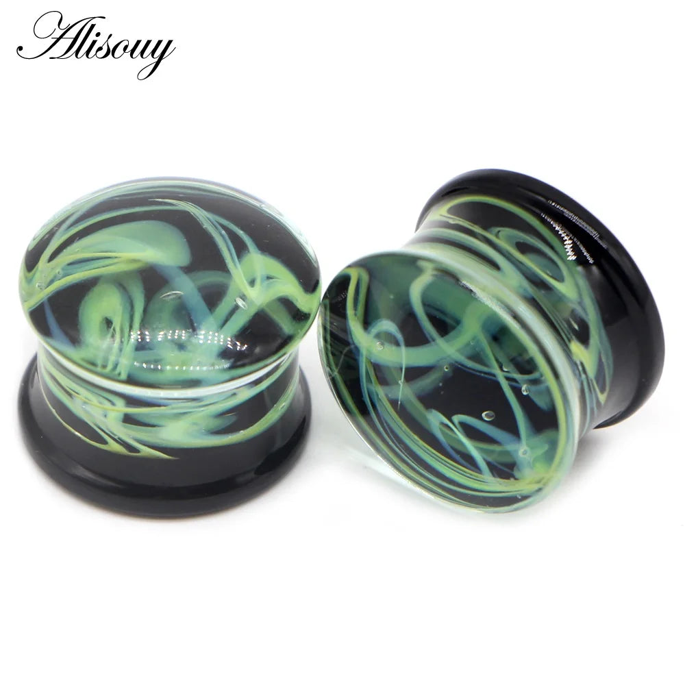 Alisouy 2PCS Fashion Round Blue Milky Way Glass Ear Piercing Plugs Strechers Fake Earrrings Romantic Gift For Unisex 6mm to 25mm