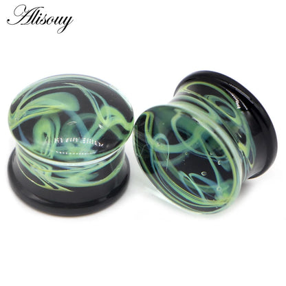 Alisouy 2PCS Fashion Round Blue Milky Way Glass Ear Piercing Plugs Strechers Fake Earrrings Romantic Gift For Unisex 6mm to 25mm