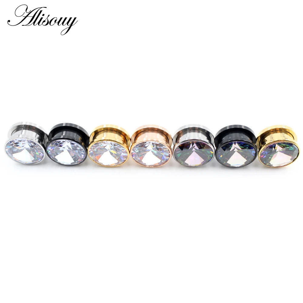 Alisouy 2pcs Stainless Steel Zirconia Crystal Screw Ear Tunnels Plugs Expander Stretcher Gauges Earrings Body Piercing Jewelry