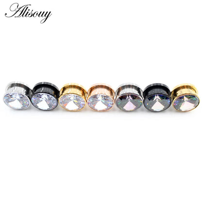 Alisouy 2pcs Stainless Steel Zirconia Crystal Screw Ear Tunnels Plugs Expander Stretcher Gauges Earrings Body Piercing Jewelry