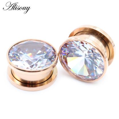 Alisouy 2pcs Stainless Steel Zirconia Crystal Screw Ear Tunnels Plugs Expander Stretcher Gauges Earrings Body Piercing Jewelry