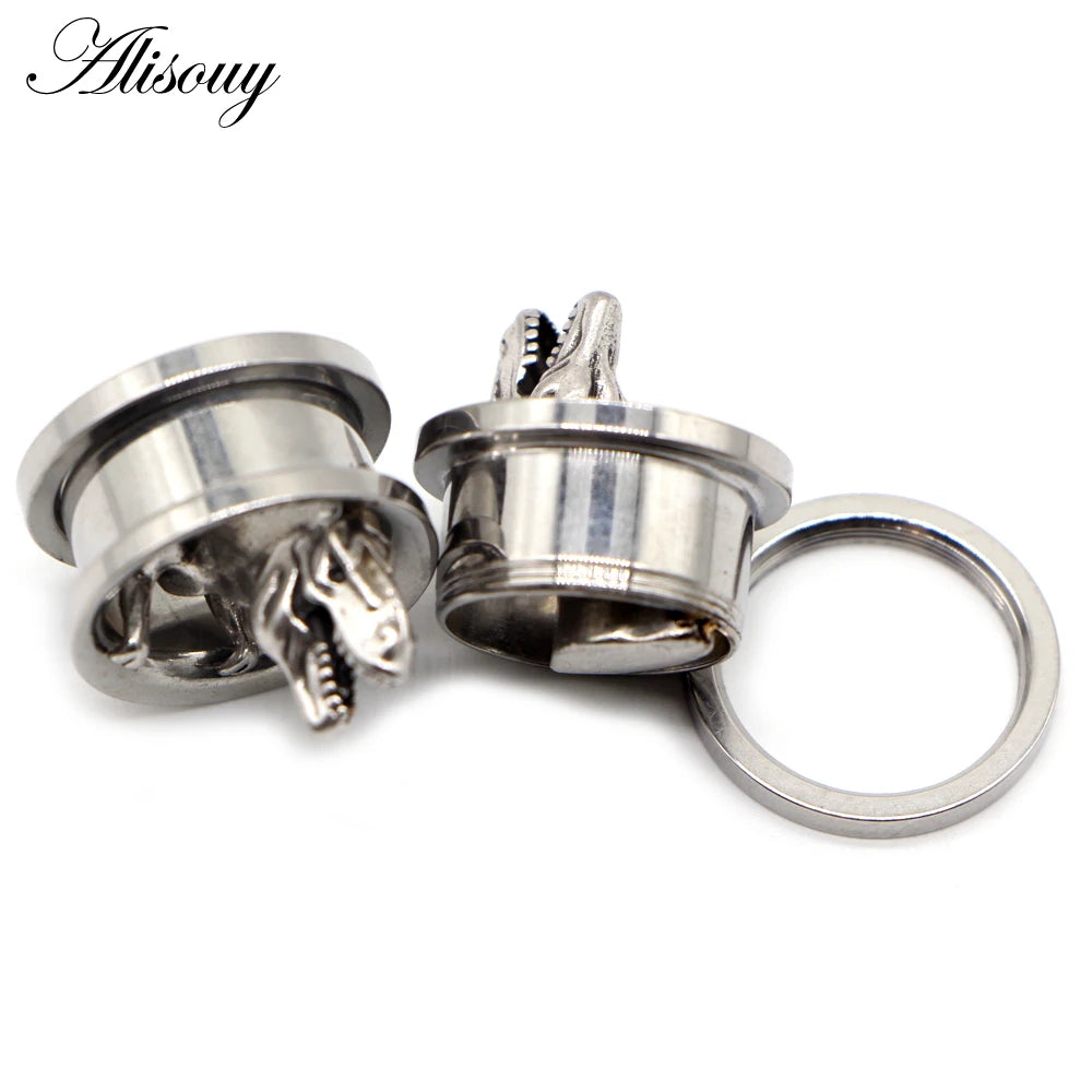 Alisouy 2pcs Piercing Ear Gauges Expander Stainless Steel Dinosaur Earrings Plugs Tunnels Screw Fashion Piercing Body Jewelry