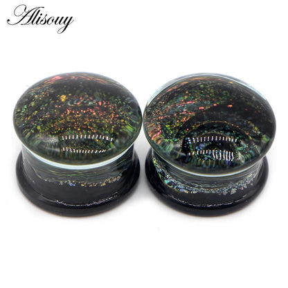 Alisouy 2PCS Fashion Round Blue Milky Way Glass Ear Piercing Plugs Strechers Fake Earrrings Romantic Gift For Unisex 6mm to 25mm