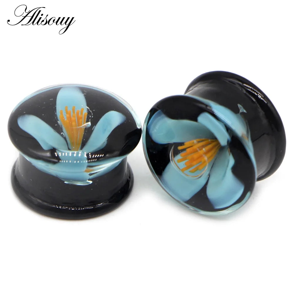 Alisouy 2PCS Fashion Round Blue Milky Way Glass Ear Piercing Plugs Strechers Fake Earrrings Romantic Gift For Unisex 6mm to 25mm