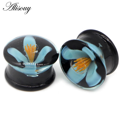 Alisouy 2PCS Fashion Round Blue Milky Way Glass Ear Piercing Plugs Strechers Fake Earrrings Romantic Gift For Unisex 6mm to 25mm