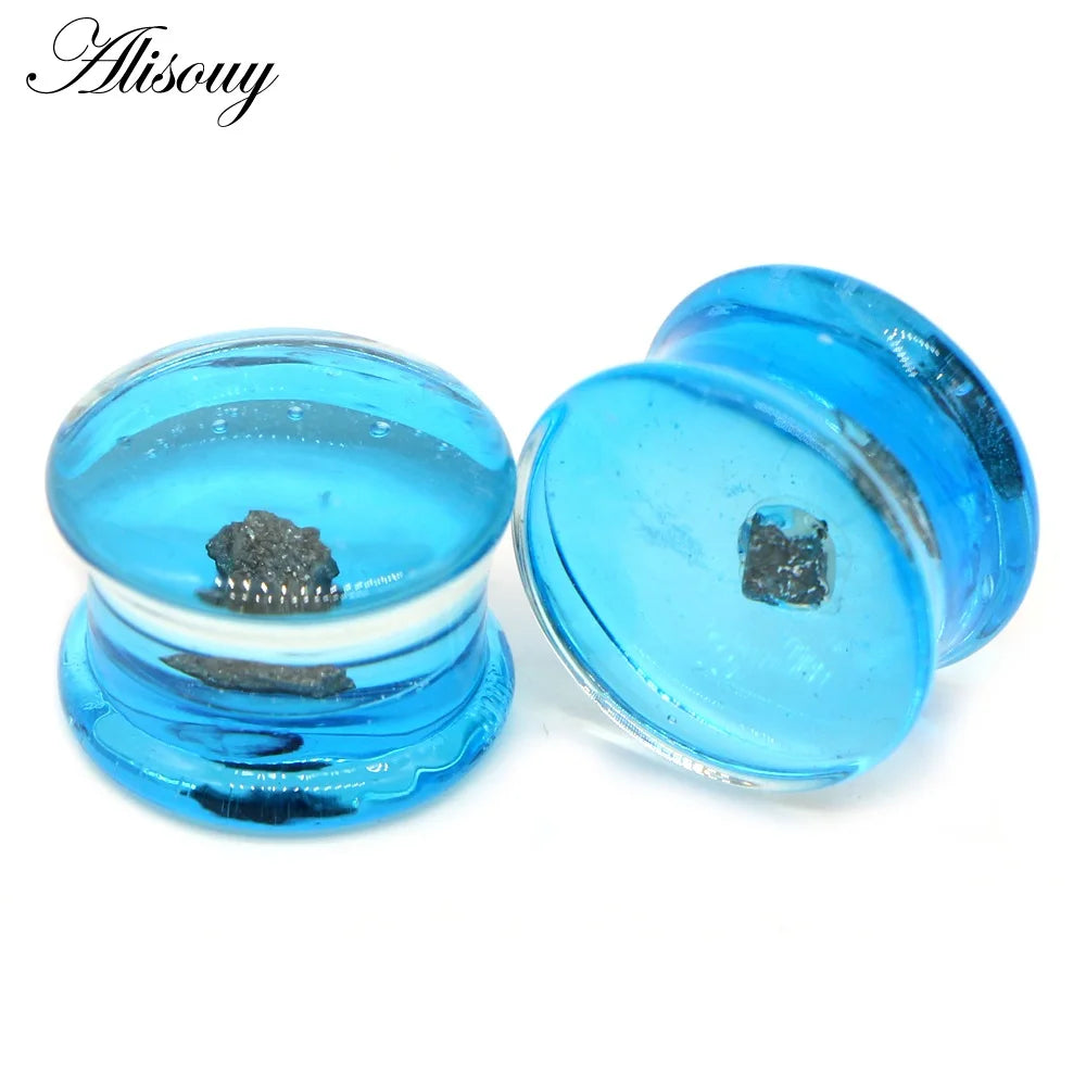 Alisouy 2PCS Fashion Round Blue Milky Way Glass Ear Piercing Plugs Strechers Fake Earrrings Romantic Gift For Unisex 6mm to 25mm