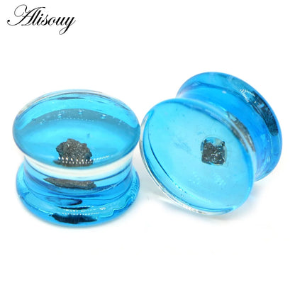 Alisouy 2PCS Fashion Round Blue Milky Way Glass Ear Piercing Plugs Strechers Fake Earrrings Romantic Gift For Unisex 6mm to 25mm