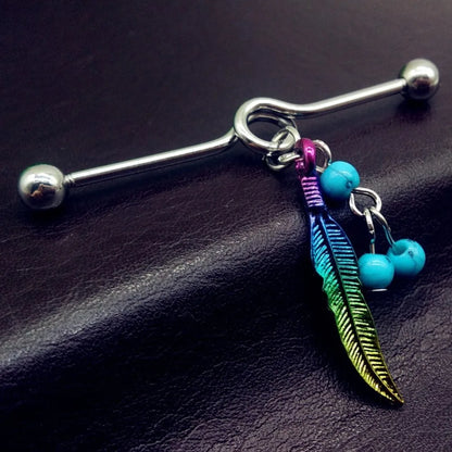 1PC Long Stainless Steel Industrial Piercing Ear Cartilage Straight Bar Jewelry Boho Feather Pendant Earring Ear Barbell Jewelry
