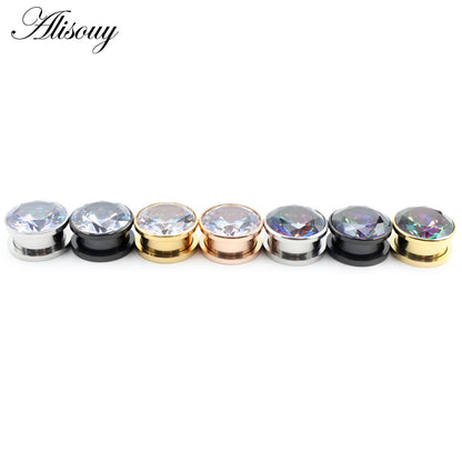 Alisouy 2pcs Stainless Steel Zirconia Crystal Screw Ear Tunnels Plugs Expander Stretcher Gauges Earrings Body Piercing Jewelry