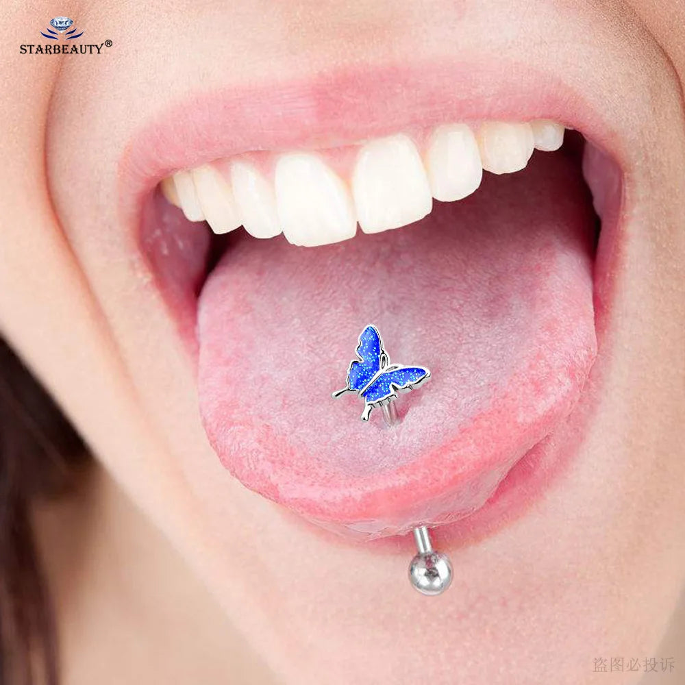 Starbeauty New Rainbow Sequins Butterfly Tongue Piercing Barbell 14G Tongue Rings Surgical Steel Bars Tounge Ring Unisex Jewelry