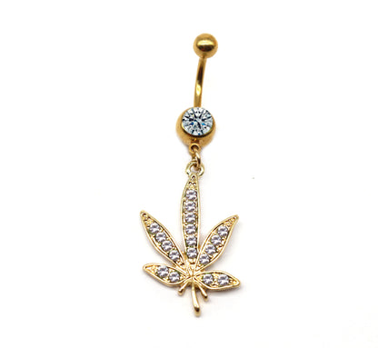 Gaby CZ Dangle Gem Maple Leaf Body Piercing Jewelry 316L Surgical Steel Belly Rings for Wedding and Engagement Stainless Steel