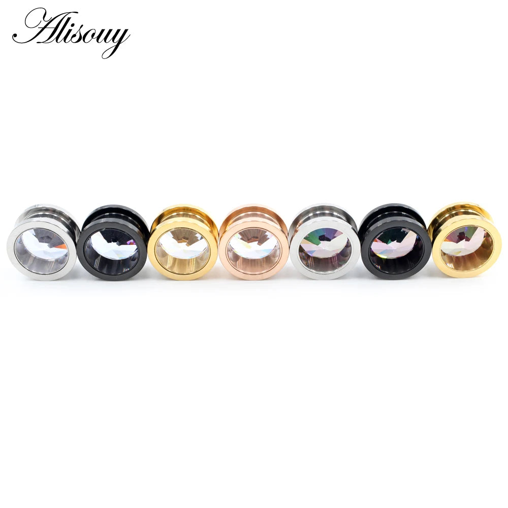 Alisouy 2pcs Stainless Steel Zirconia Crystal Screw Ear Tunnels Plugs Expander Stretcher Gauges Earrings Body Piercing Jewelry