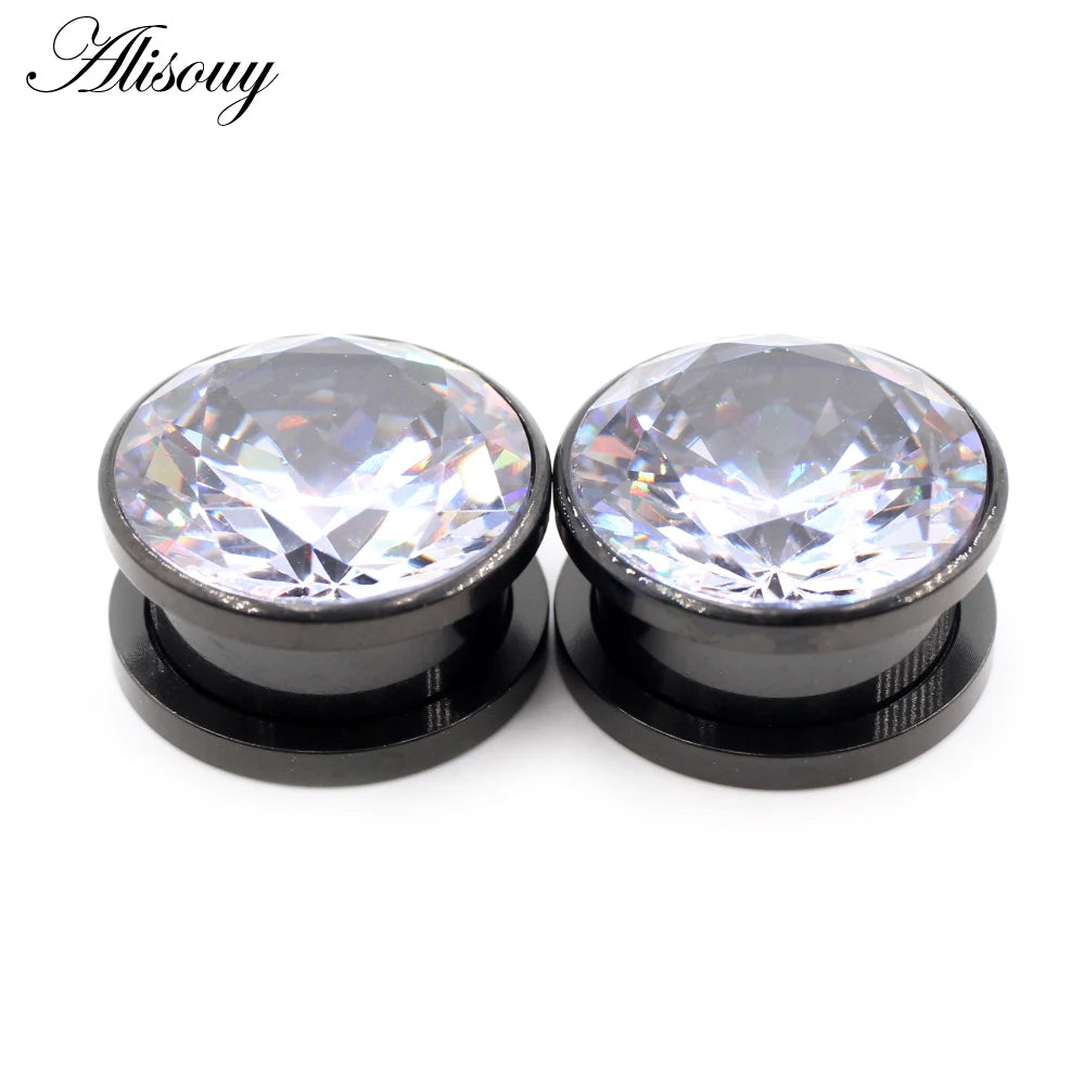 Alisouy 2pcs Stainless Steel Zirconia Crystal Screw Ear Tunnels Plugs Expander Stretcher Gauges Earrings Body Piercing Jewelry
