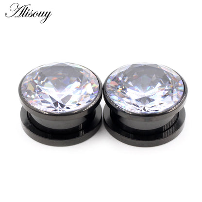 Alisouy 2pcs Stainless Steel Zirconia Crystal Screw Ear Tunnels Plugs Expander Stretcher Gauges Earrings Body Piercing Jewelry