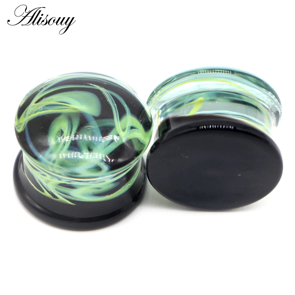 Alisouy 2PCS Fashion Round Blue Milky Way Glass Ear Piercing Plugs Strechers Fake Earrrings Romantic Gift For Unisex 6mm to 25mm