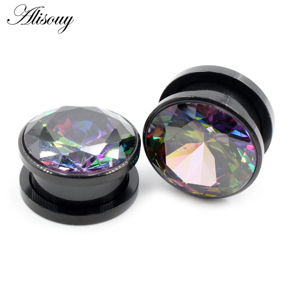 Alisouy 2pcs Stainless Steel Zirconia Crystal Screw Ear Tunnels Plugs Expander Stretcher Gauges Earrings Body Piercing Jewelry