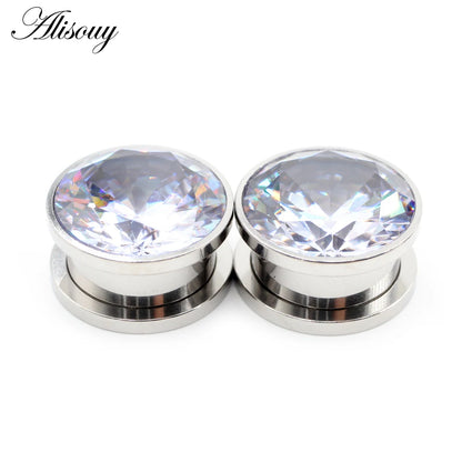 Alisouy 2pcs Stainless Steel Zirconia Crystal Screw Ear Tunnels Plugs Expander Stretcher Gauges Earrings Body Piercing Jewelry