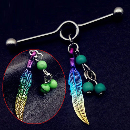 1PC Long Stainless Steel Industrial Piercing Ear Cartilage Straight Bar Jewelry Boho Feather Pendant Earring Ear Barbell Jewelry