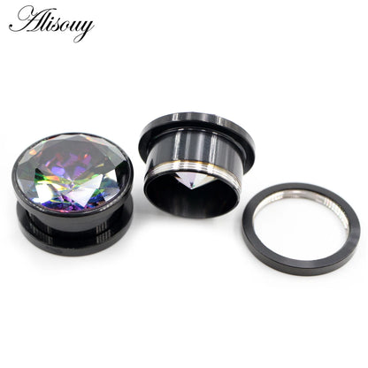 Alisouy 2pcs Stainless Steel Zirconia Crystal Screw Ear Tunnels Plugs Expander Stretcher Gauges Earrings Body Piercing Jewelry