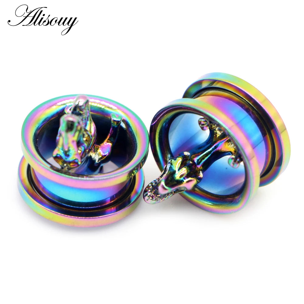 Alisouy 2pcs Piercing Ear Gauges Expander Stainless Steel Dinosaur Earrings Plugs Tunnels Screw Fashion Piercing Body Jewelry