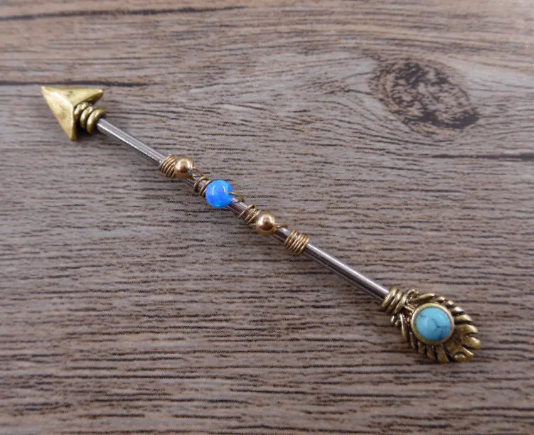 Opal Industrial Piercing 14G Stainless Steel 38mm Arrow Dangle Barbell Bar Helix Daith Conch Earring Body Jewelry