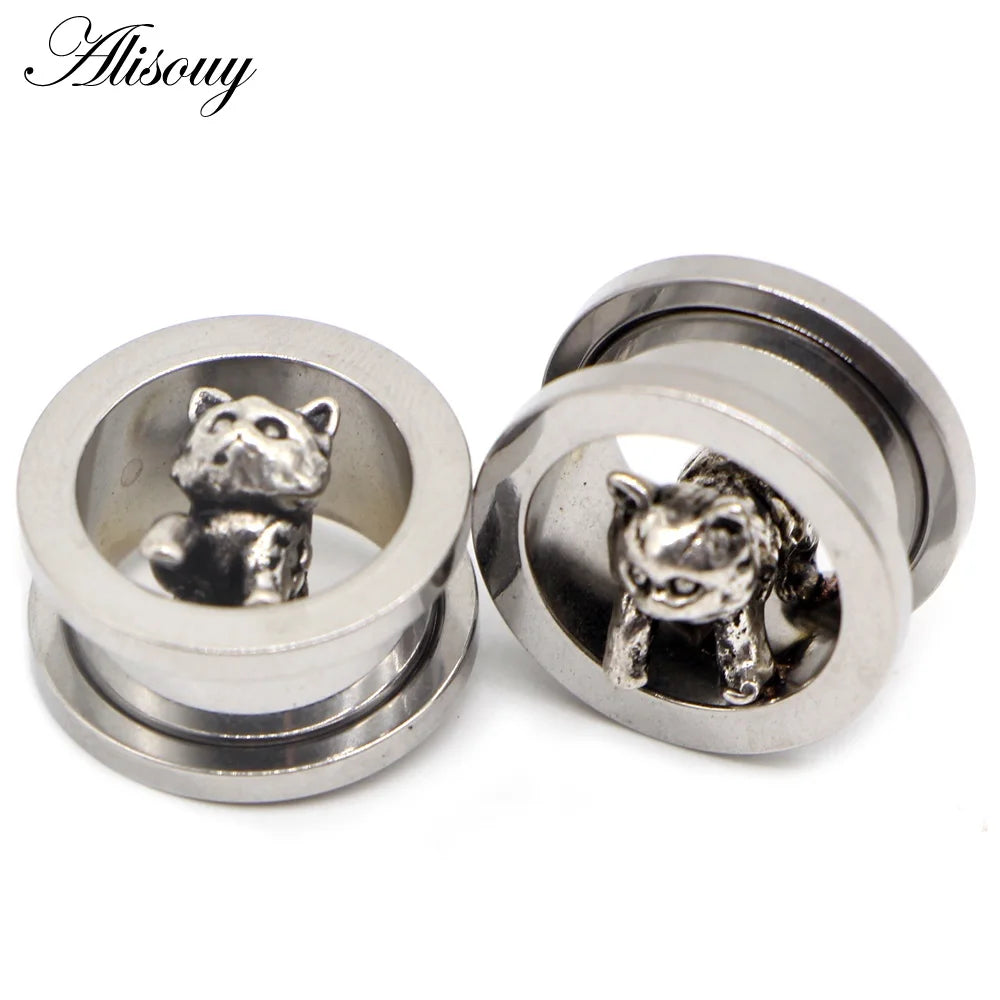 Alisouy 2pcs Piercing Ear Gauges Expander Stainless Steel Dinosaur Earrings Plugs Tunnels Screw Fashion Piercing Body Jewelry
