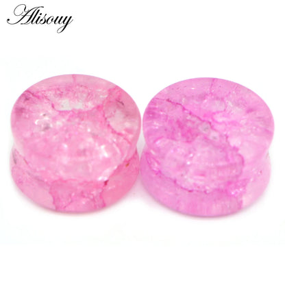 Alisouy 2pcs Crack Ear Expander Body Piercing Jewelry Organic Shattered Glass Ear Saddle Plugs Double Flared Tunnel Gauges