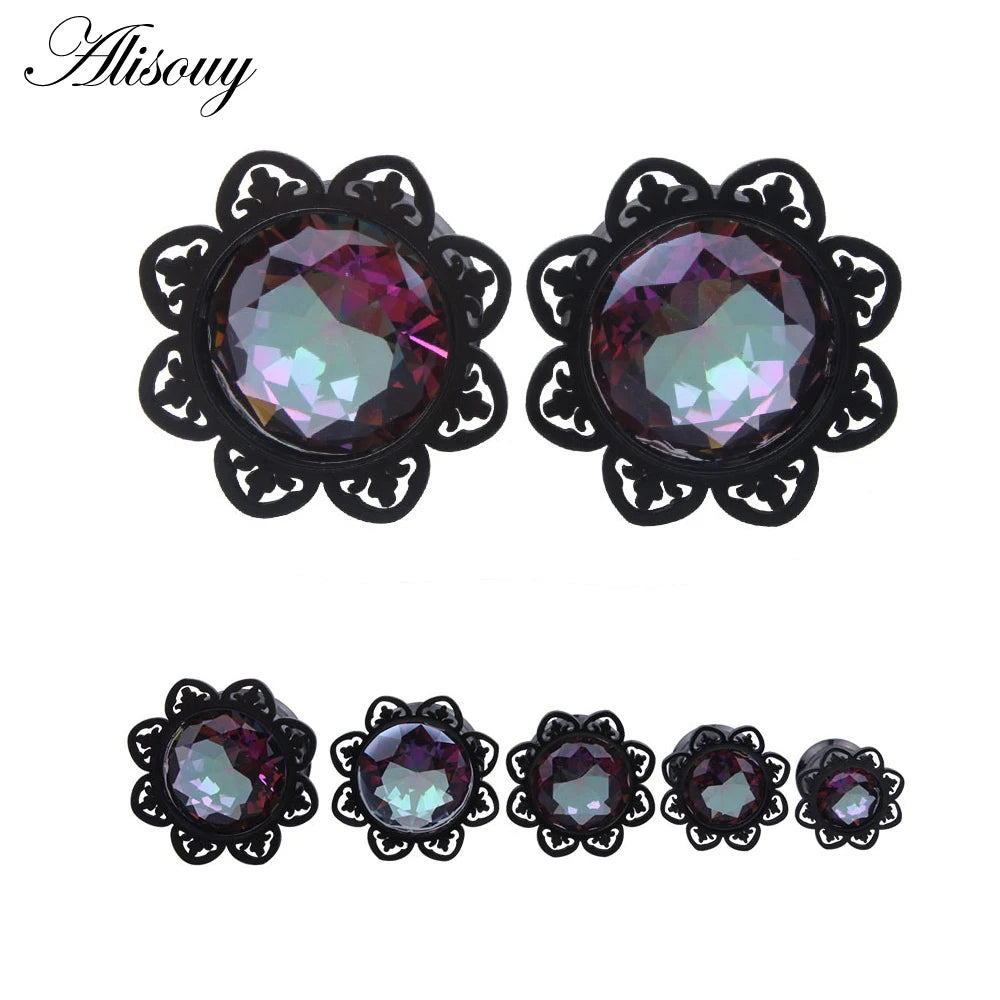 Alisouy 1 Pair Surgical Stainless Steel Gauge Earrings Black Ear Plug Tunnel Piercing Body Jewelry Single Flared Ear Expander