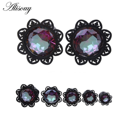 Alisouy 1 Pair Surgical Stainless Steel Gauge Earrings Black Ear Plug Tunnel Piercing Body Jewelry Single Flared Ear Expander
