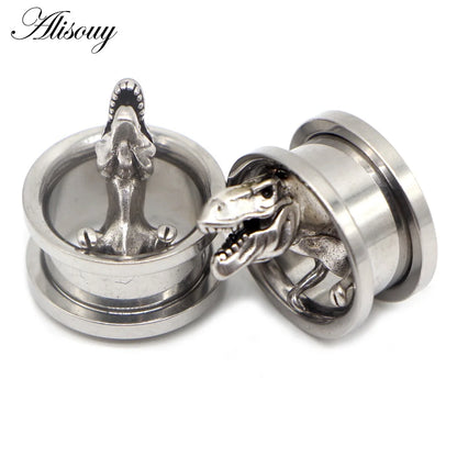 Alisouy 2pcs Piercing Ear Gauges Expander Stainless Steel Dinosaur Earrings Plugs Tunnels Screw Fashion Piercing Body Jewelry