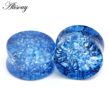 Alisouy 2pcs Crack Ear Expander Body Piercing Jewelry Organic Shattered Glass Ear Saddle Plugs Double Flared Tunnel Gauges