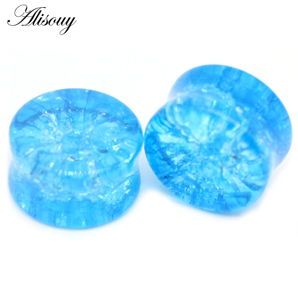 Alisouy 2pcs Crack Ear Expander Body Piercing Jewelry Organic Shattered Glass Ear Saddle Plugs Double Flared Tunnel Gauges